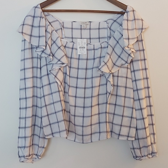 NWT J Crew Square Neck Window Pane Ruffled Cotton Top Size Medium - Picture 3 of 10